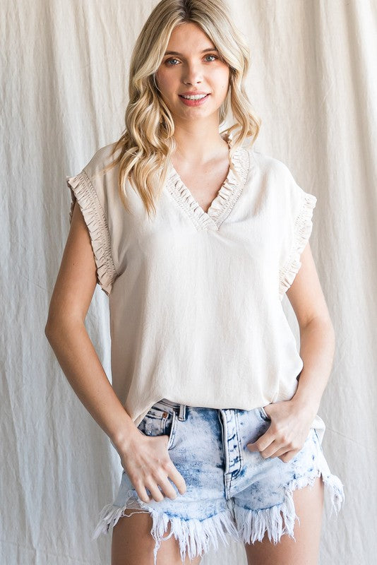 Solid Frilled V-Neck Top In Oatmeal