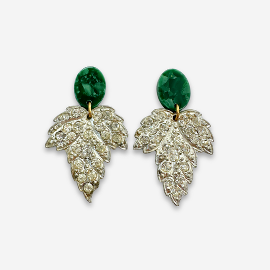 Vintage Rhinestone Leaf Earrings with Green Oval Posts