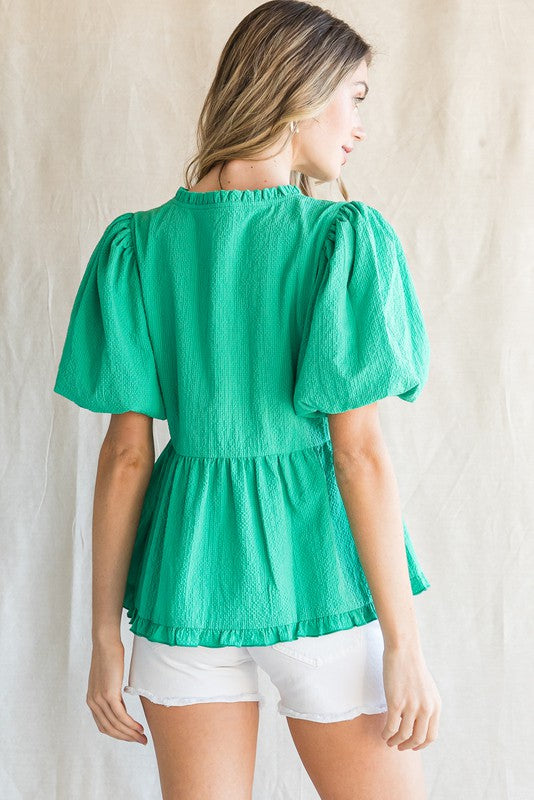 Textured Fabric Peplum Top In Emerald