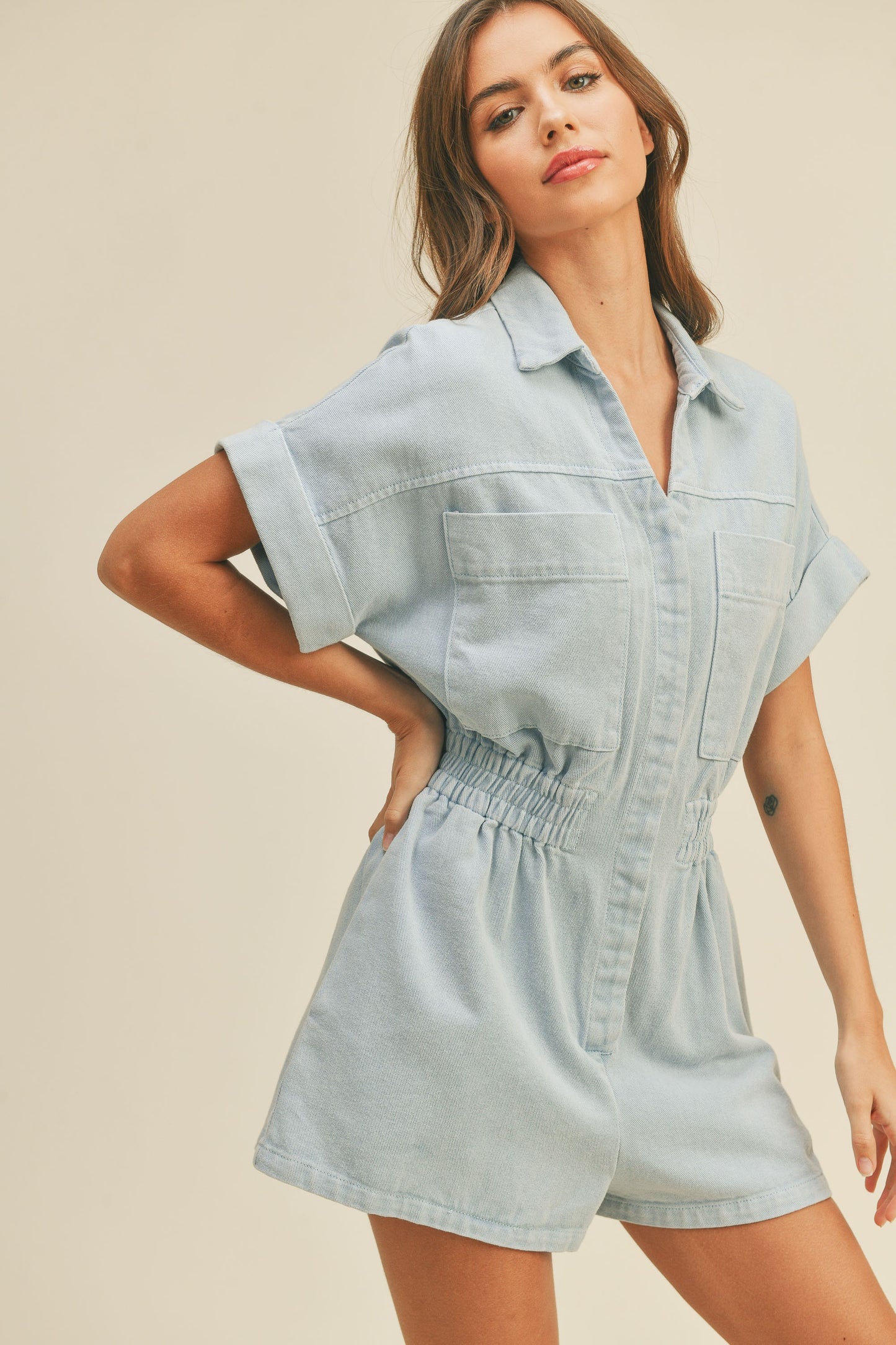 Washed Cotton Button Down Romper