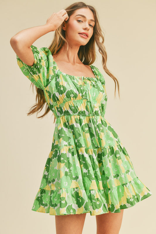 Green Floral Print Tiered Mini Dress