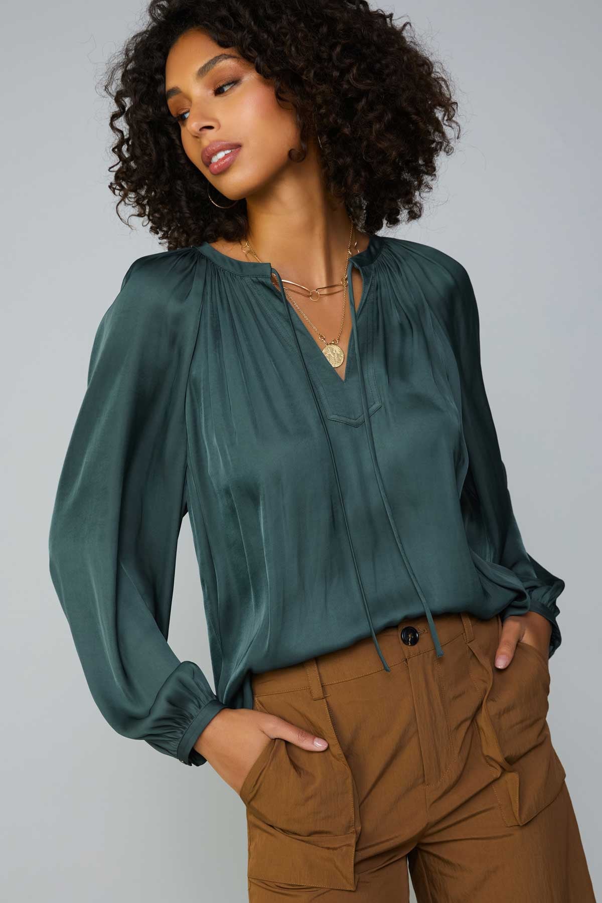 Long Sleeve Blouse In Forest Green