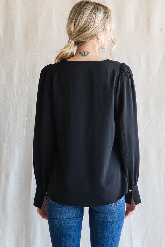 Solid Long Peasant Sleeves Top In Black