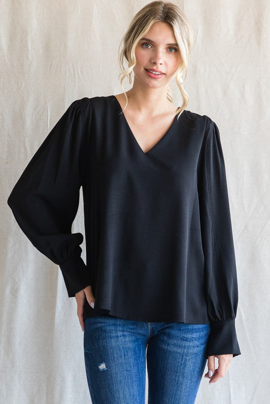 Solid Long Peasant Sleeves Top In Black