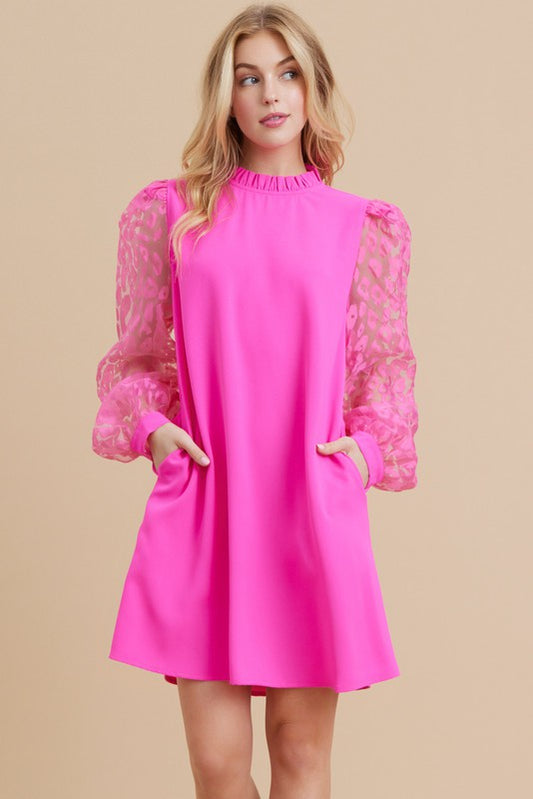 Mix-Fabric Frilled Neck Dress With Pockets