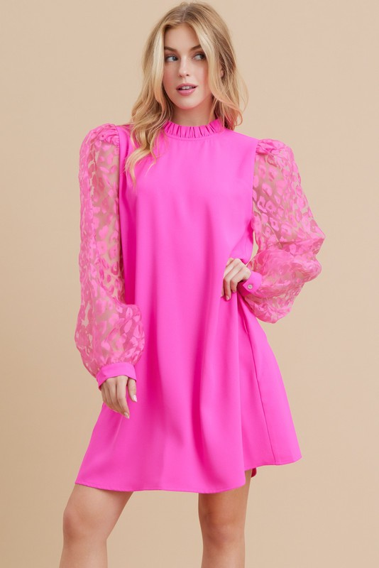 Mix-Fabric Frilled Neck Dress With Pockets