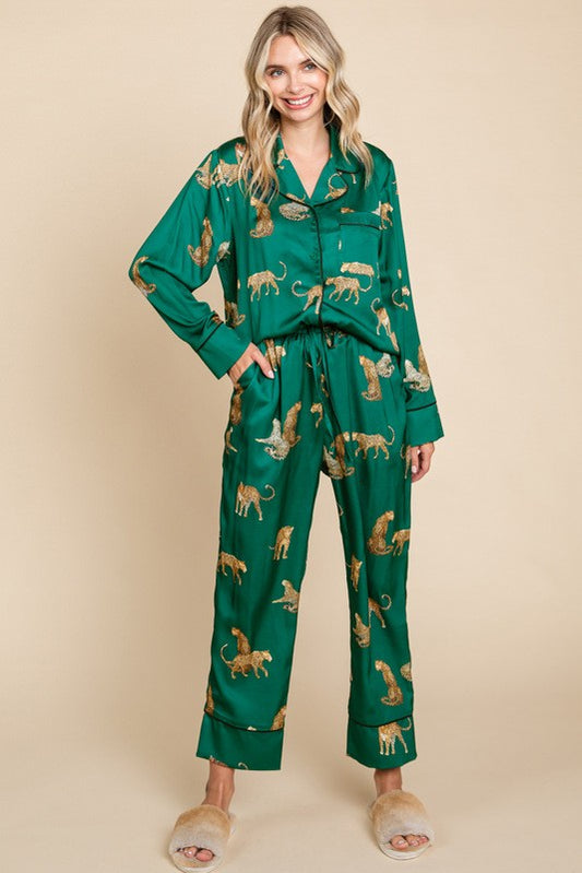 Satin Animal Print Pajama Set In Green