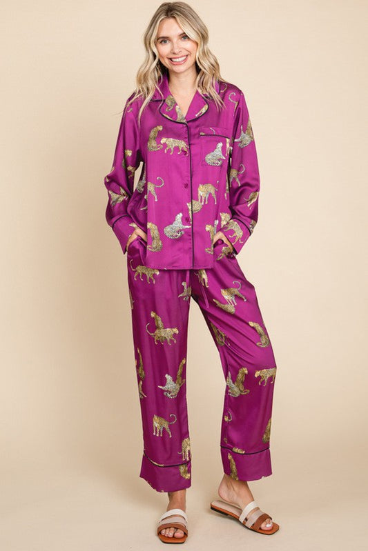 Satin Animal Print Pajama Set In Magenta