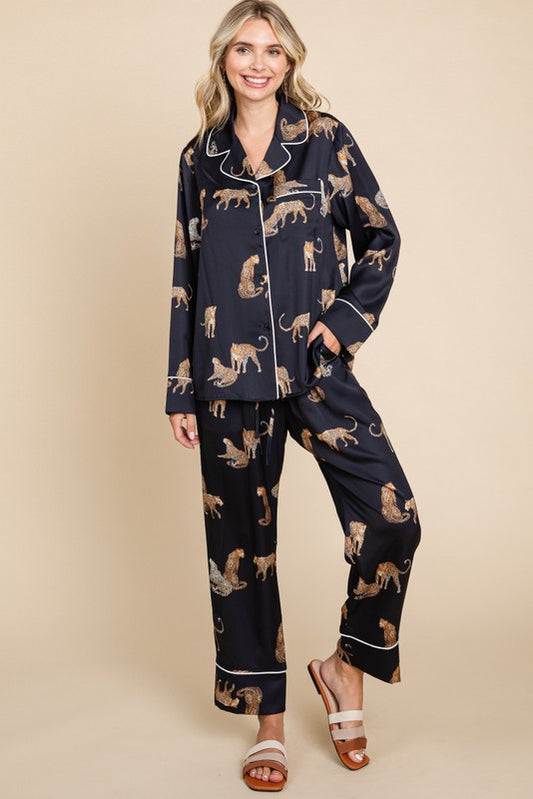 Satin Animal Print Pajamas Set In Black