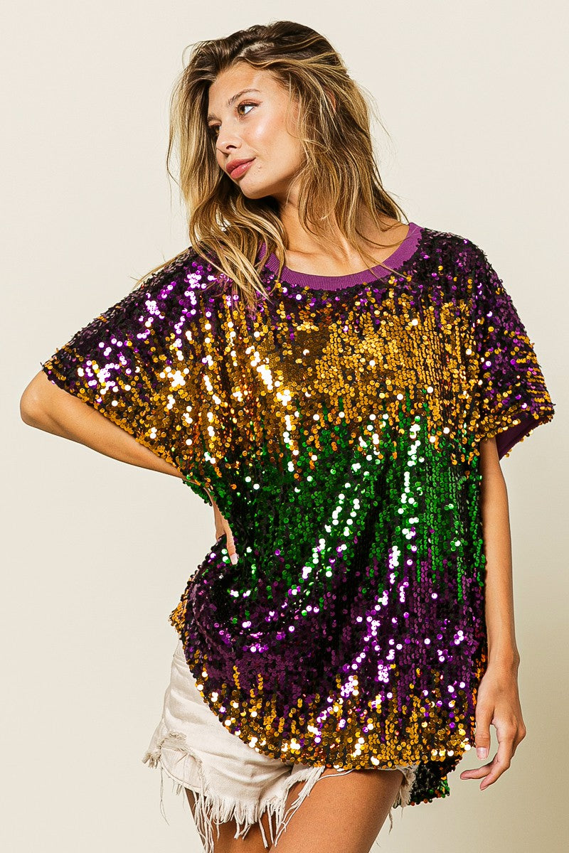 Mardi Gras Sequin Color Block Top