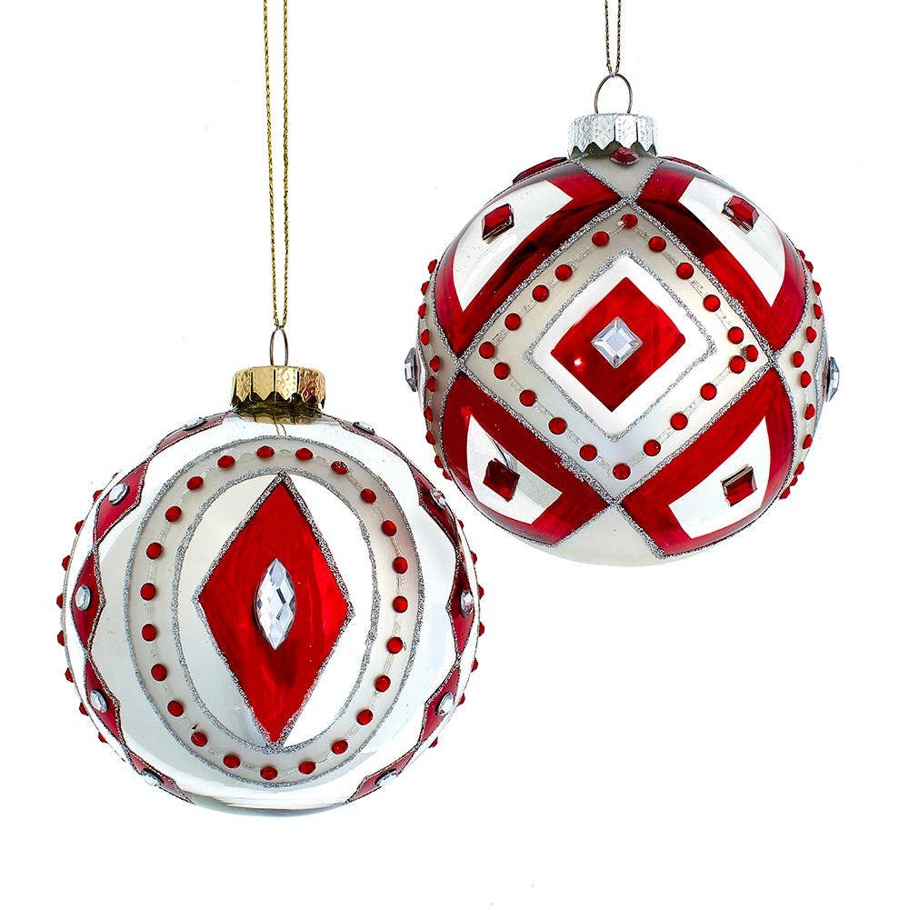 Red & Silver Glass Ball Ornaments with Gemstones