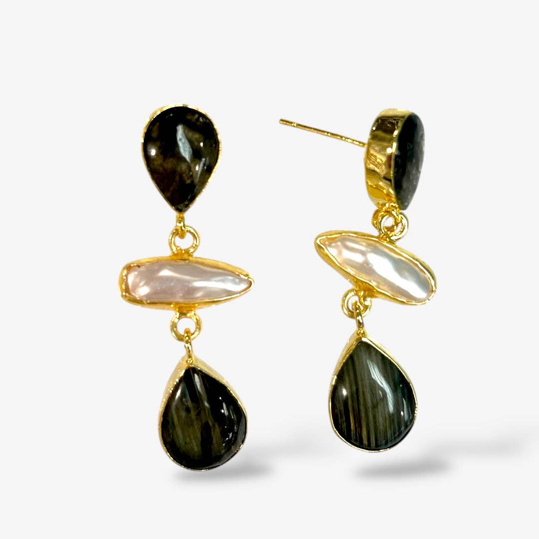 NATURAL STONE PEARL DANGLE EARRINGS: LABRADORITE