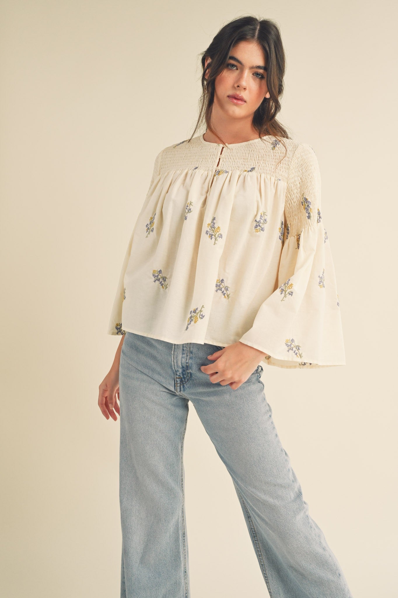 FINAL SALE Embroidered Flared Quarter Sleeved Top