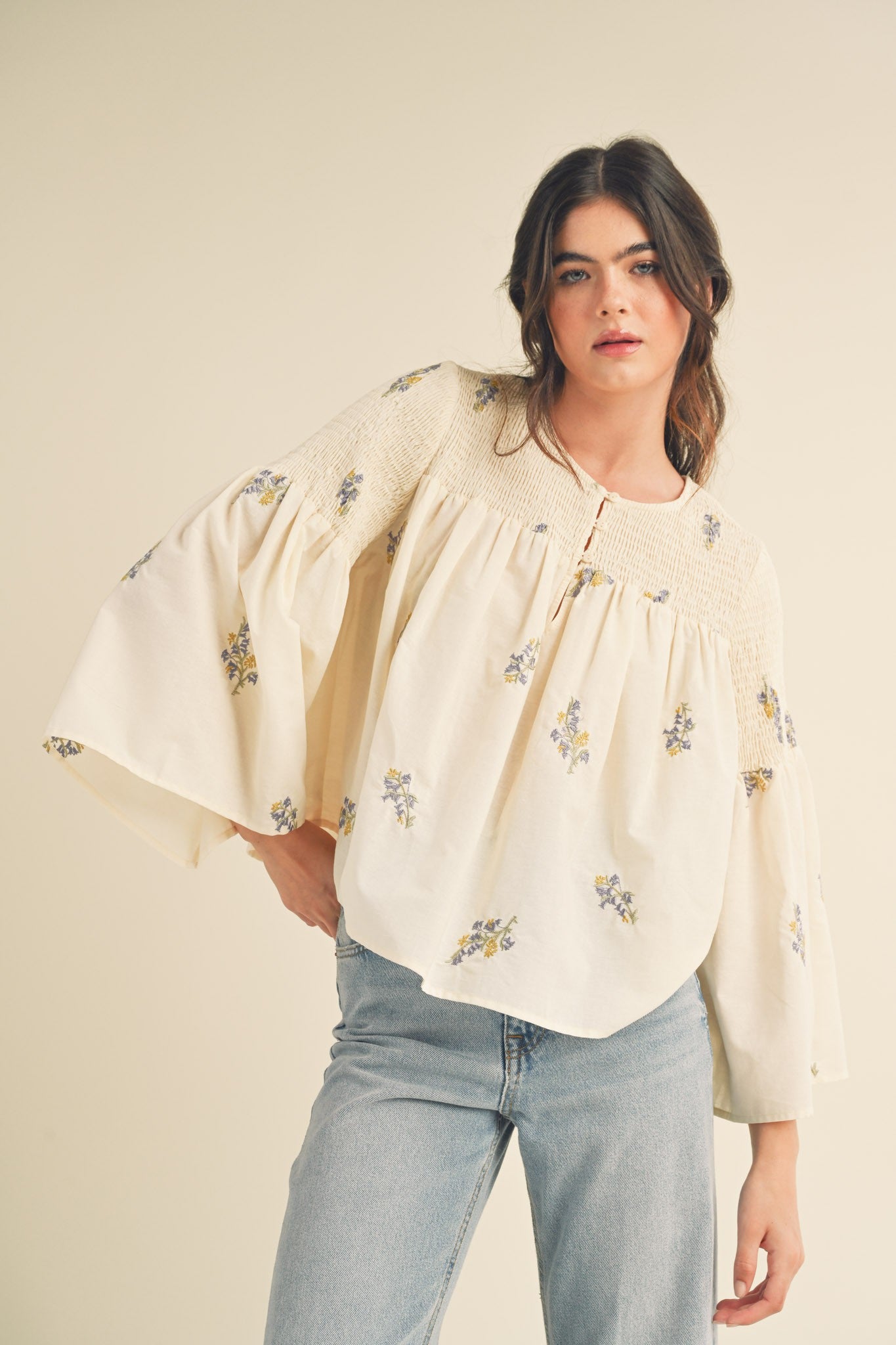 FINAL SALE Embroidered Flared Quarter Sleeved Top