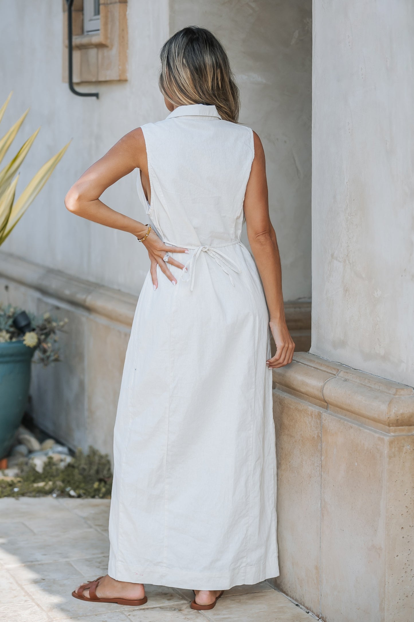 Collared Button-Down Maxi Dress in Beige