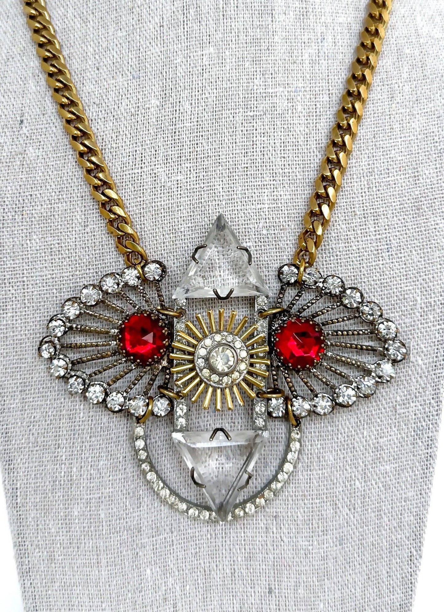 Repurposed Vintage Rhinestone Necklace With Brass Curb Chain