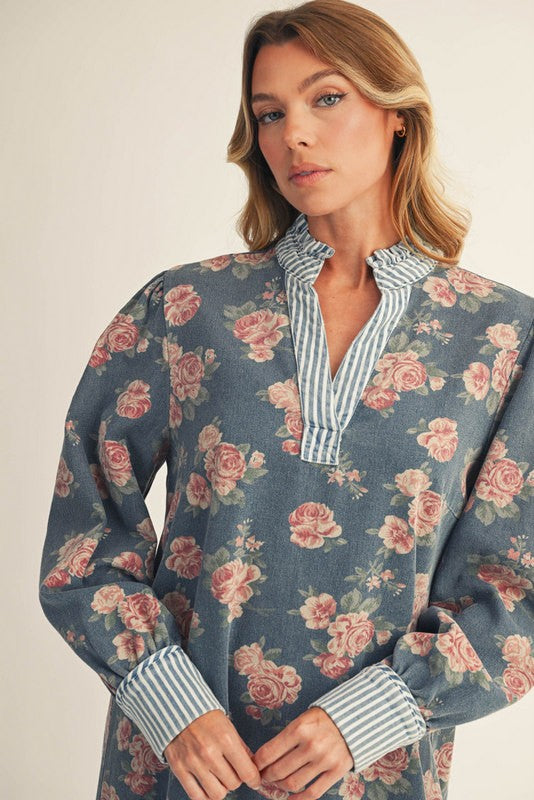 Stripe Detail Floral Denim Dress