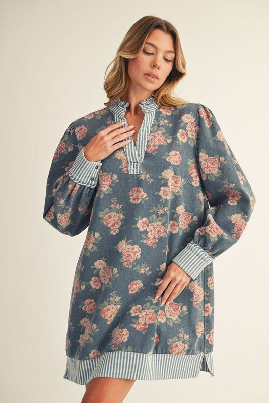 Stripe Detail Floral Denim Dress
