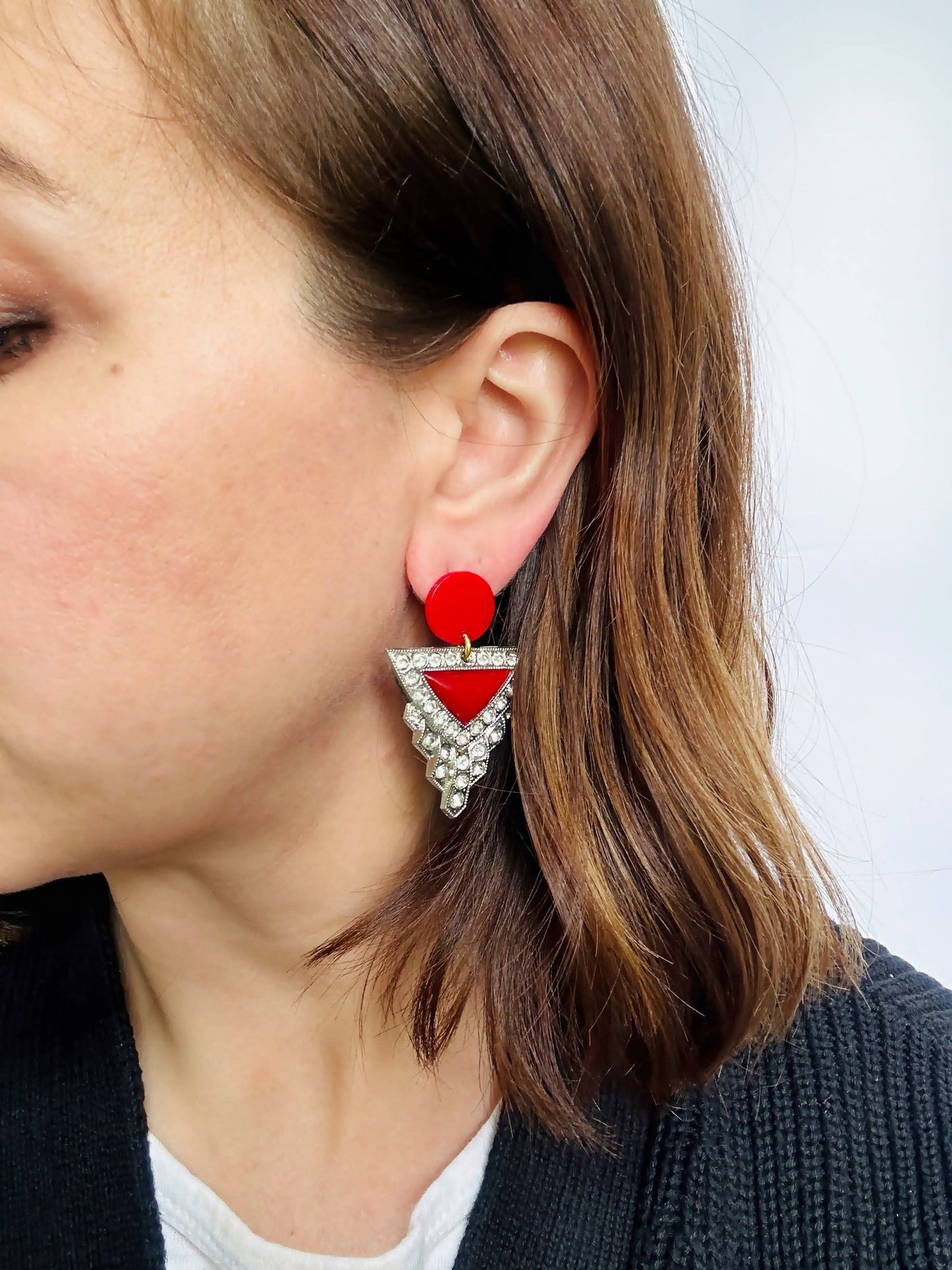 Large Red Vintage Rhinestone Earrings