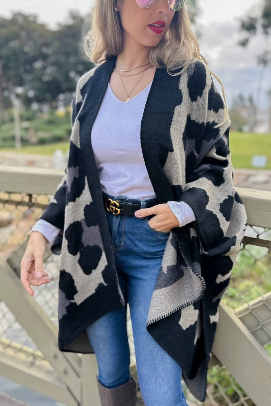 Black Leopard Printed Knitted Cozy Kimono Cardigan- One Size