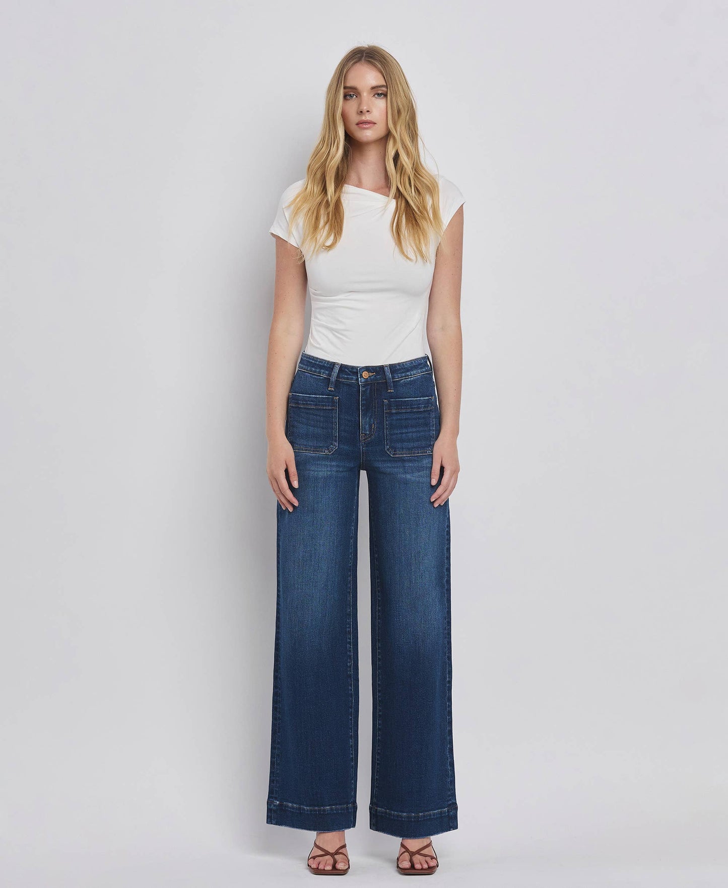 High Rise Patch Pocket Trouser Hem Jeans/Dark Denim-Flying Monkey