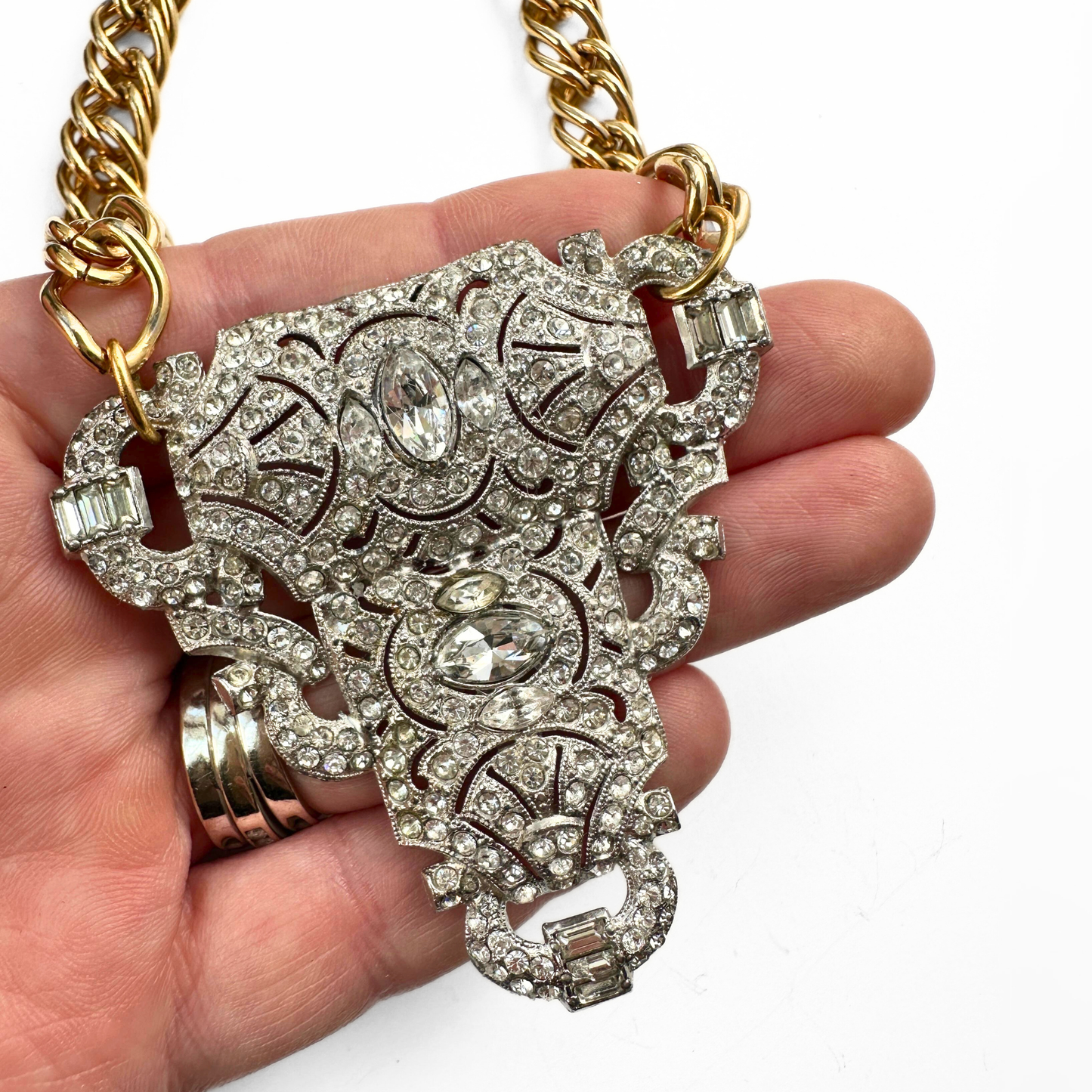 Refashioned Vintage Large Clear Rhinestone Pendant with Gold Curb Chain