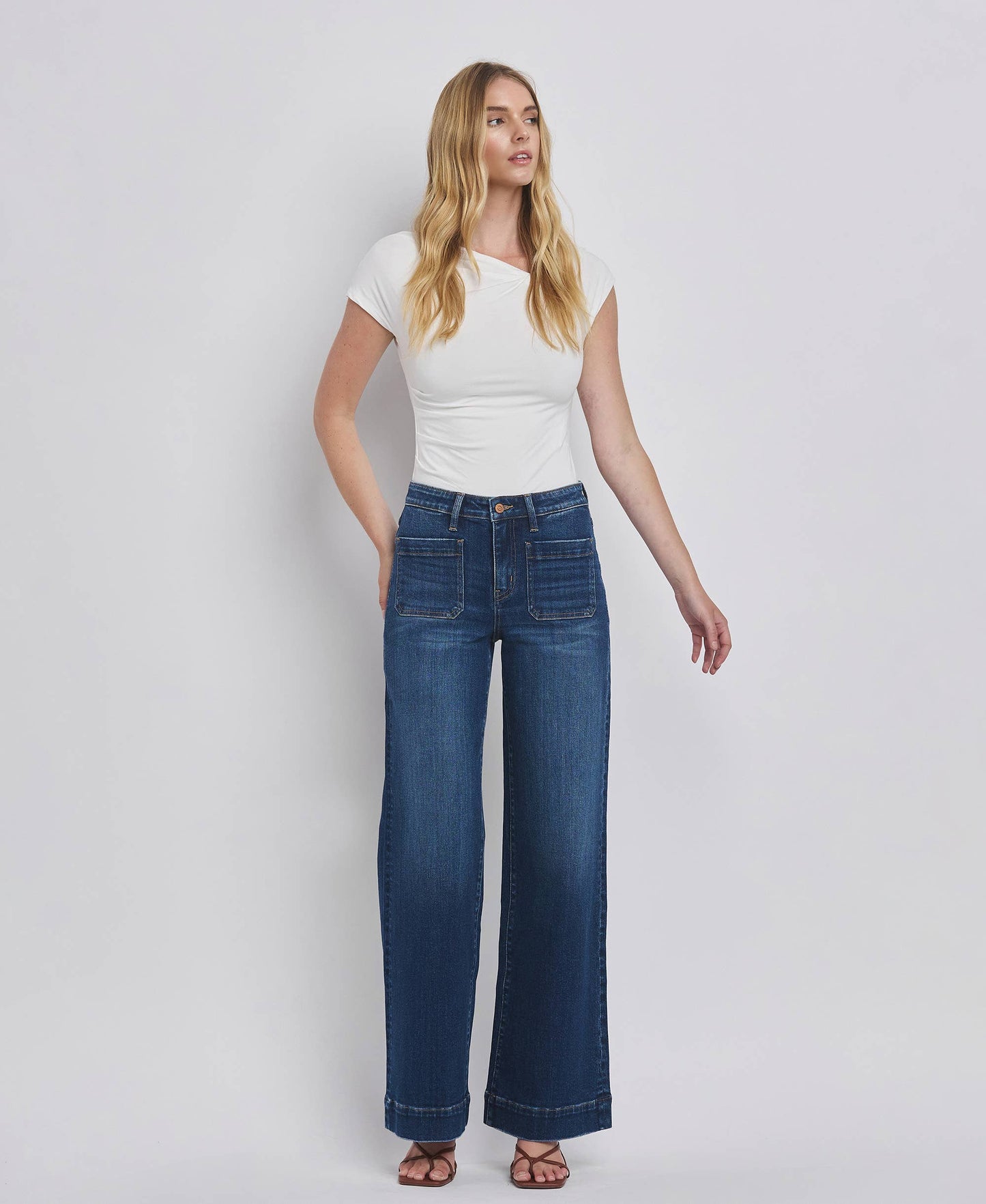 High Rise Patch Pocket Trouser Hem Jeans/Dark Denim-Flying Monkey