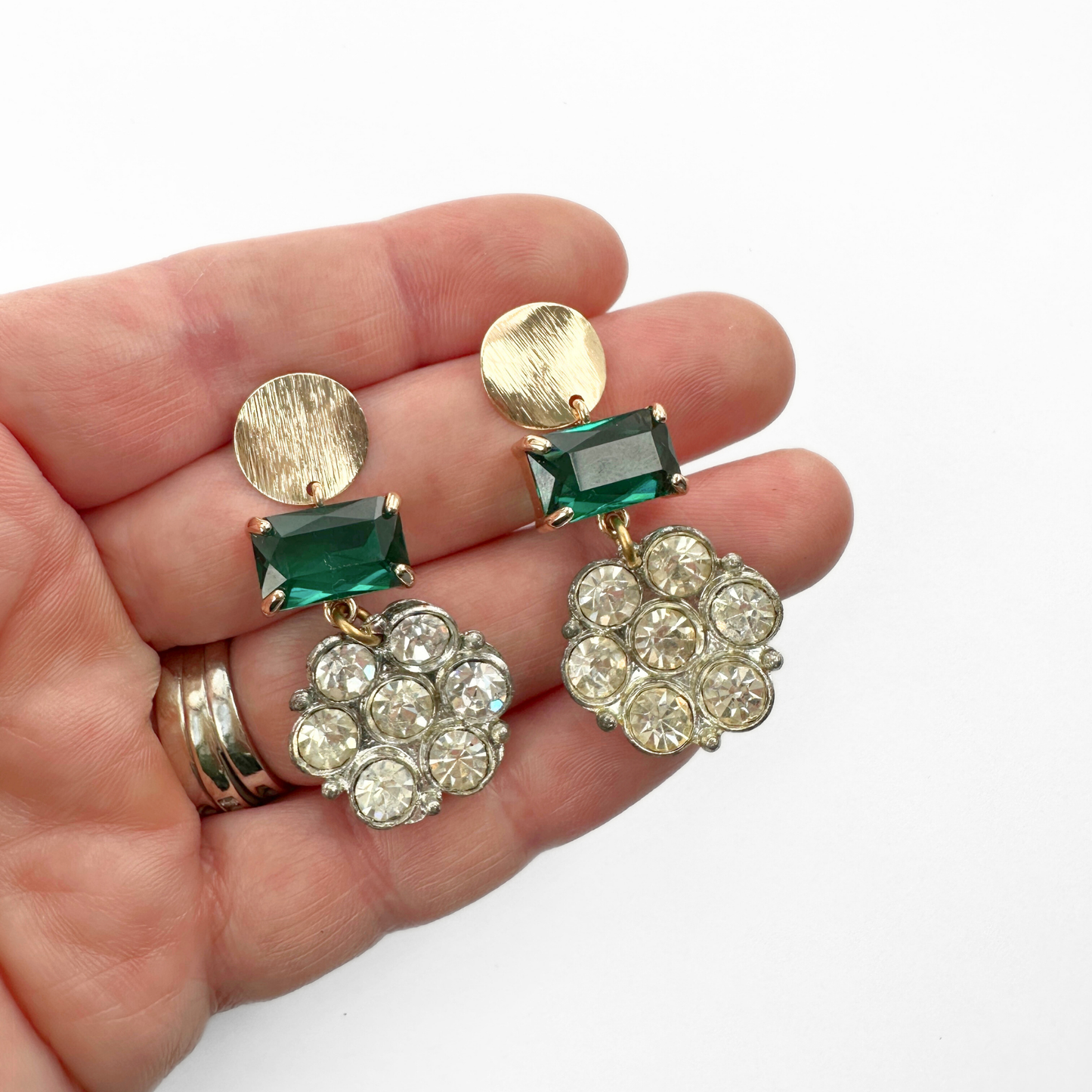 Refashioned Vintage Clear Rhinestone & Green Crystal Earrings