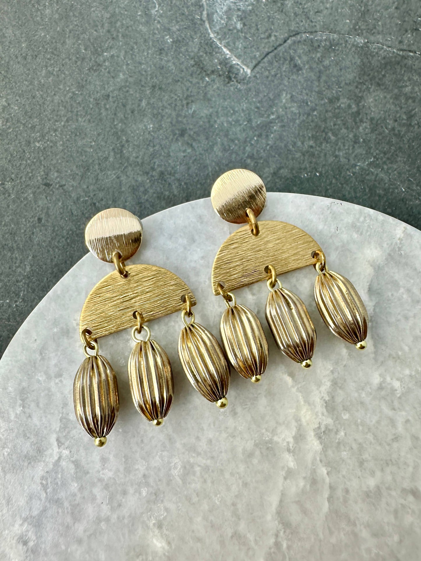 Vintage Fluted Brass Half Moon Earrings