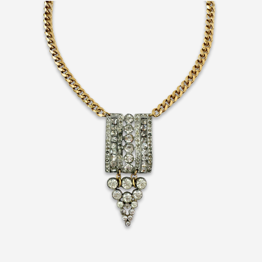 Refashioned Vintage Art Deco Rhinestone & Brass Pendant Assemblage Necklace