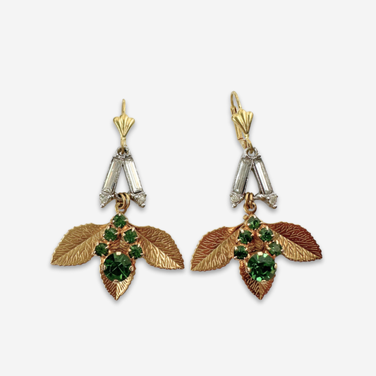 Refashioned Vintage Green & Clear Vintage Earrings with Brass Leaf Stamping