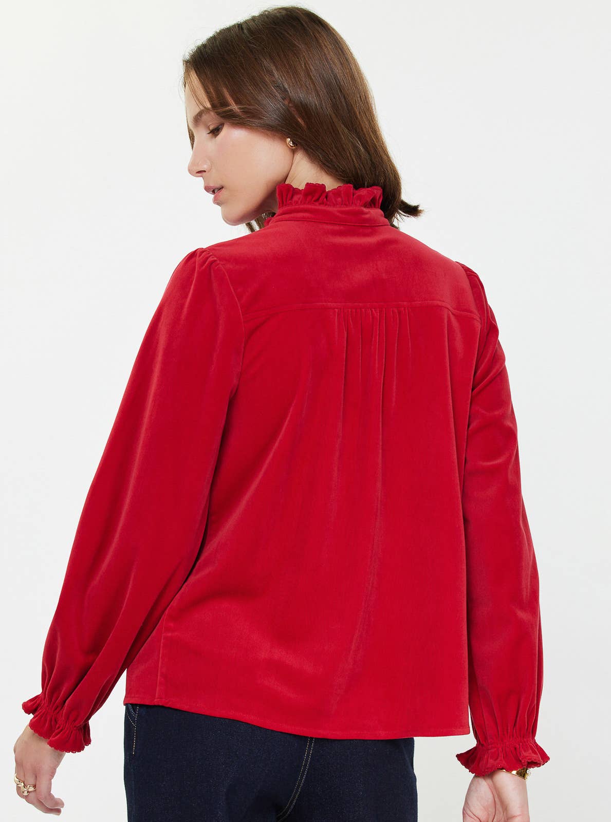 Pintuck Front Blouse with Ruffle Neck