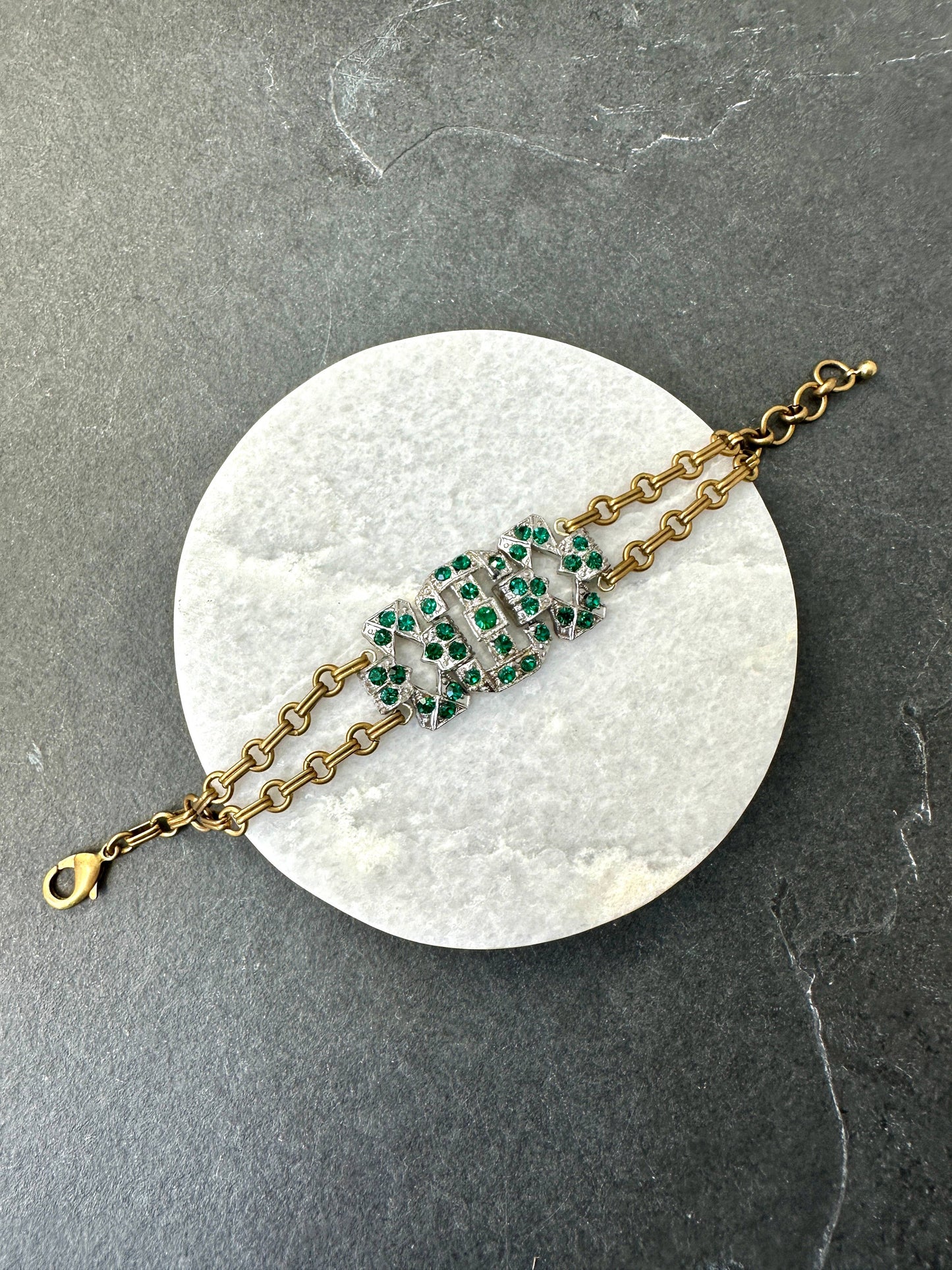 Vintage Emerald Rhinestone Link & Brass Chain Bracelet