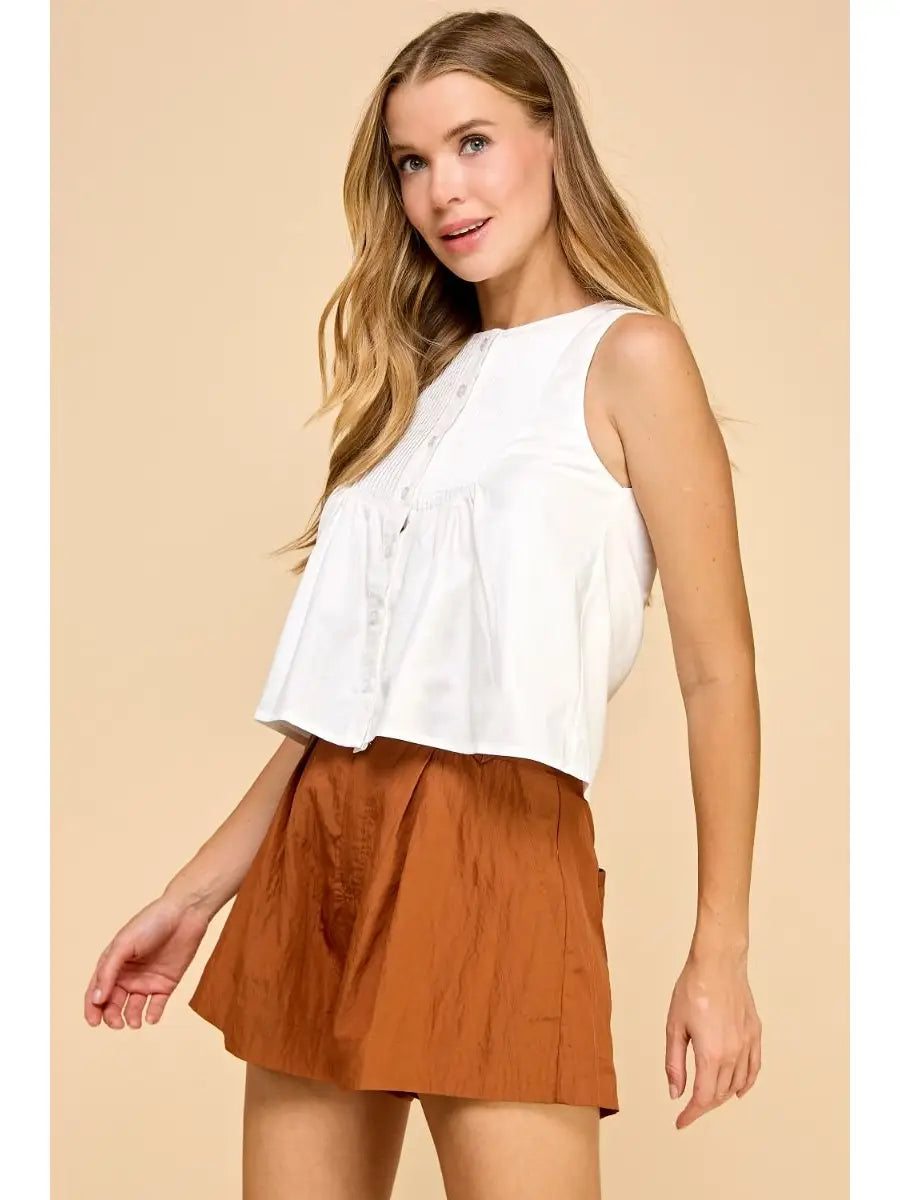 Pleated Chest Button Down Sleeveless Top