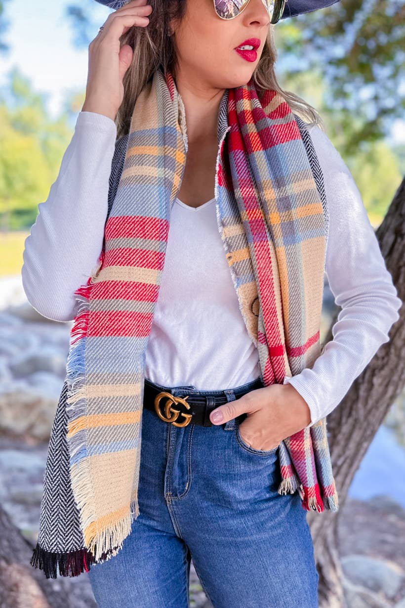 Plaid Printed Shawl Scarf Poncho with Button: One Size