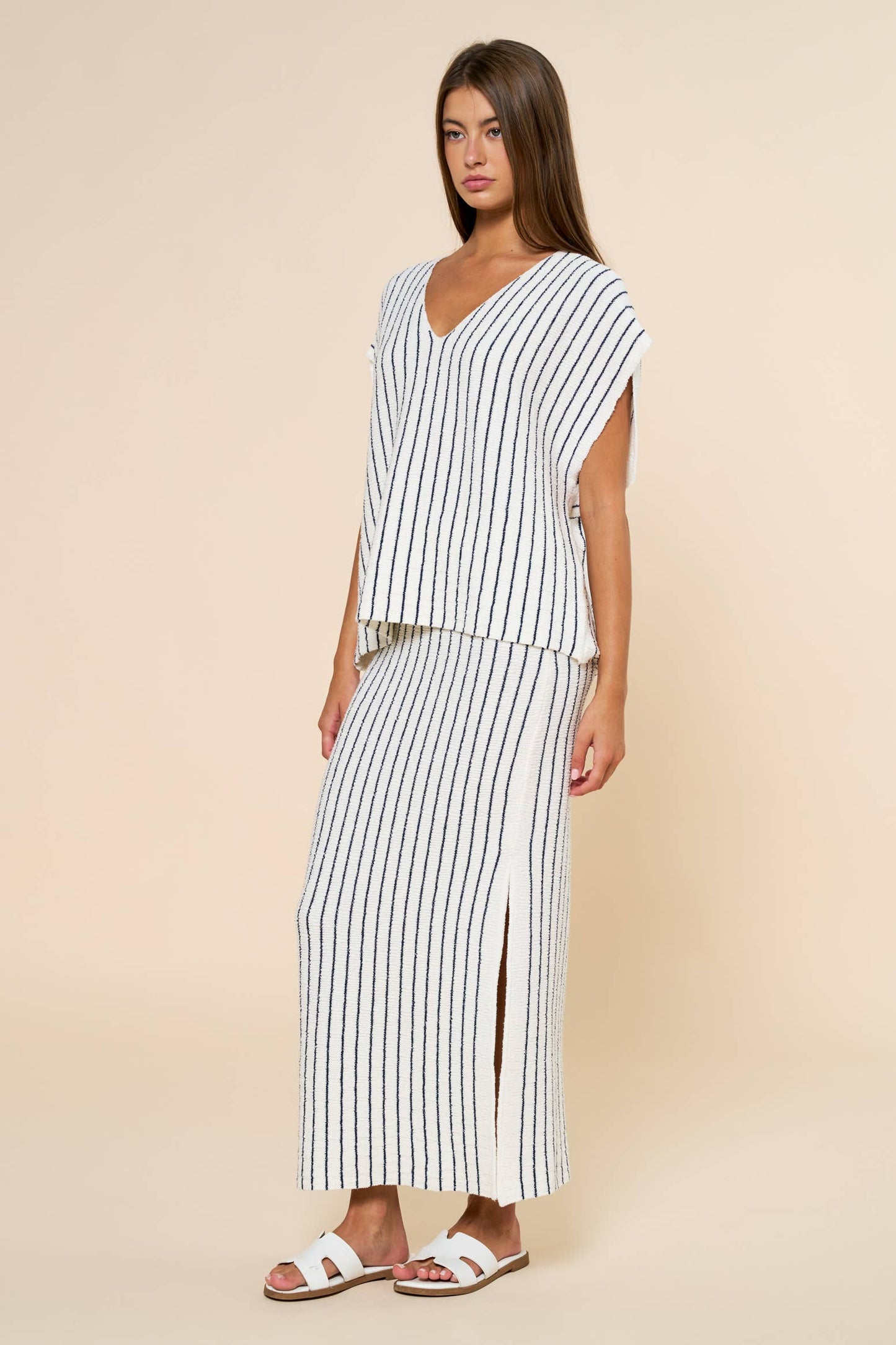 Striped V-Neck Top & Maxi Skirt Set