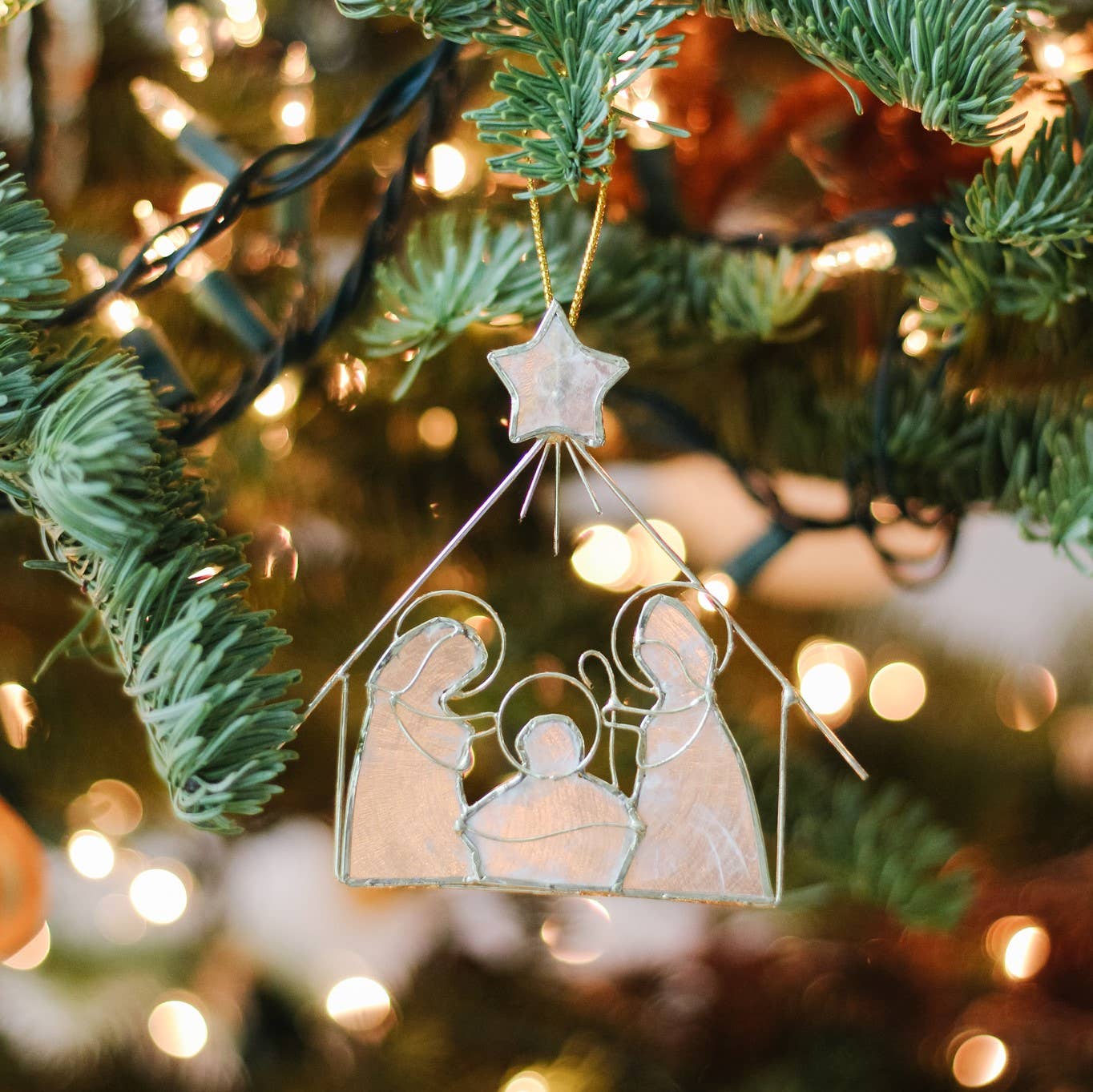 Capiz Flat Nativity House Ornament w/Star