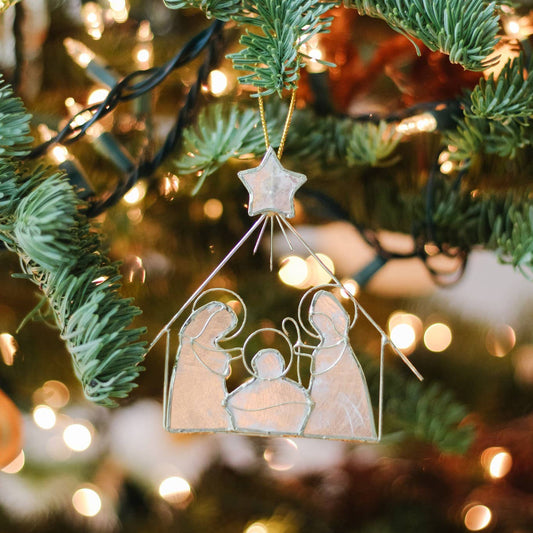 Capiz Flat Nativity House Ornament w/Star
