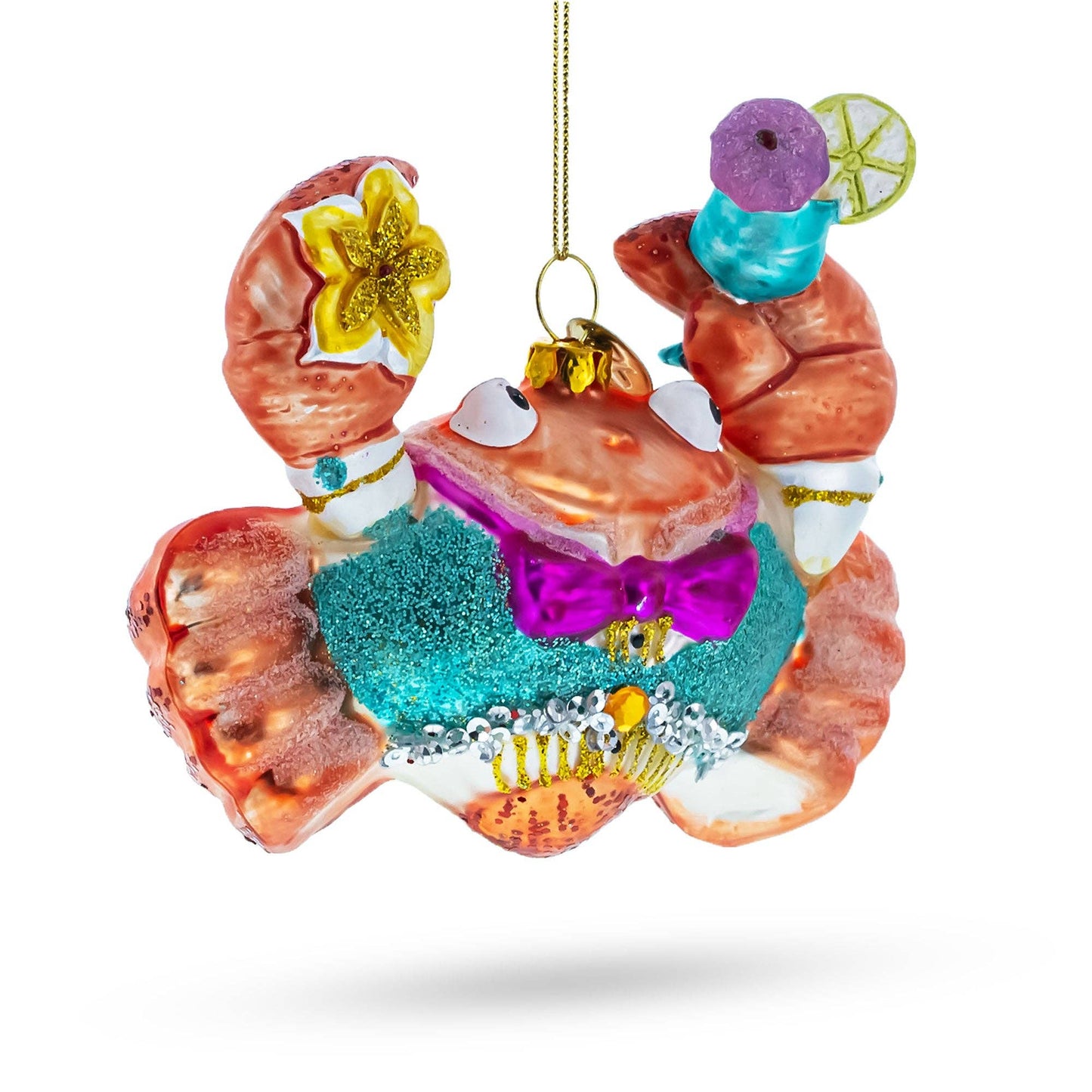 Cheerful Crab at Cocktail Party Glass Ornament