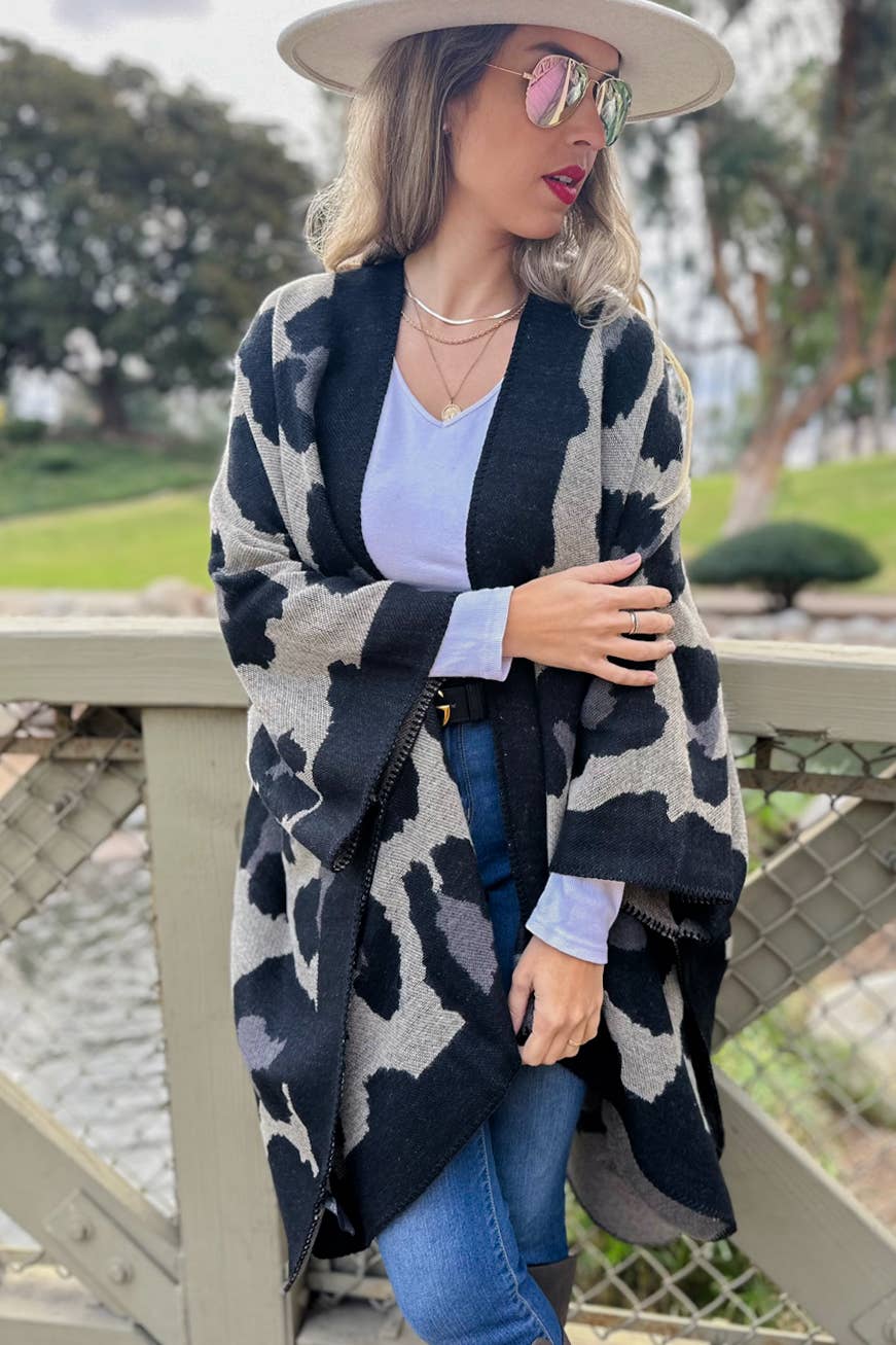 Black Leopard Printed Knitted Cozy Kimono Cardigan- One Size