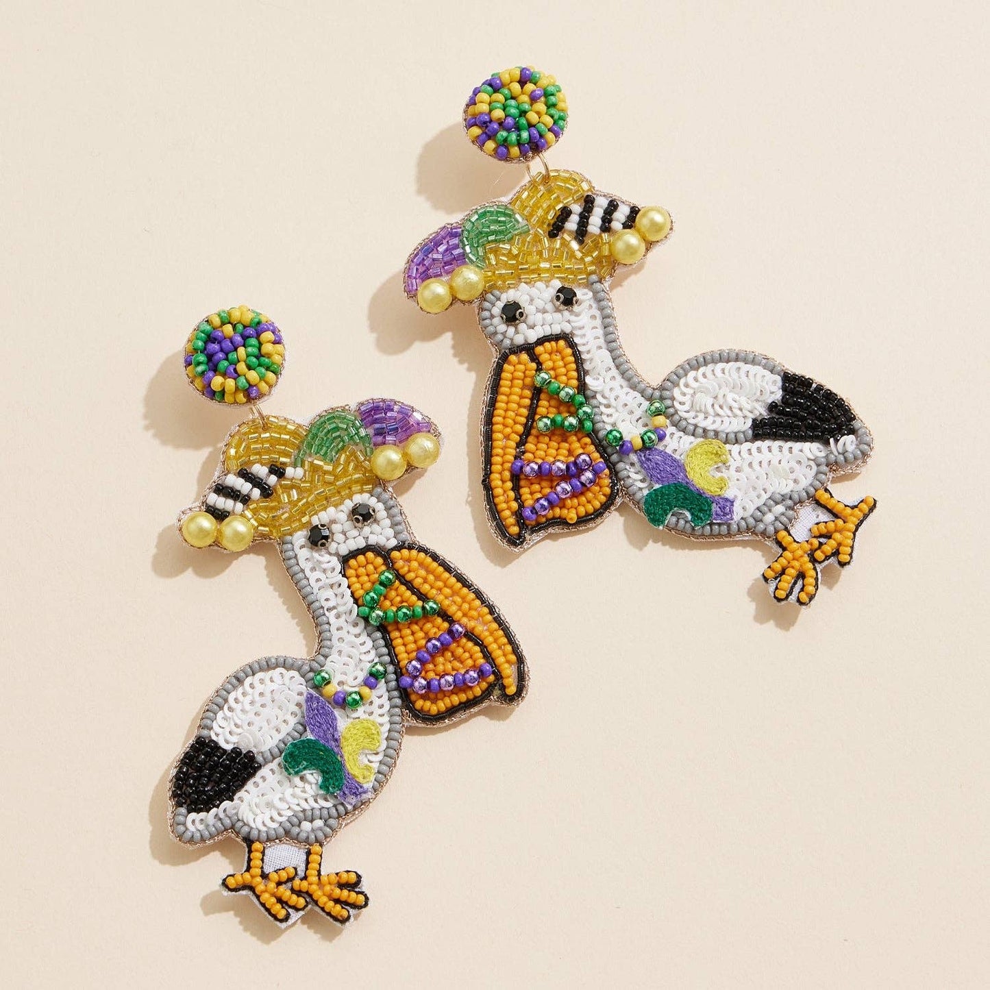 Mardi Gras Pelican Beaded Earrings