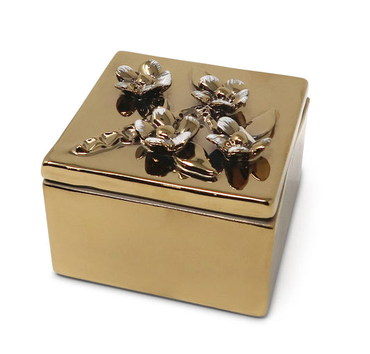 Square Gold Decorative Box with Floral Lid