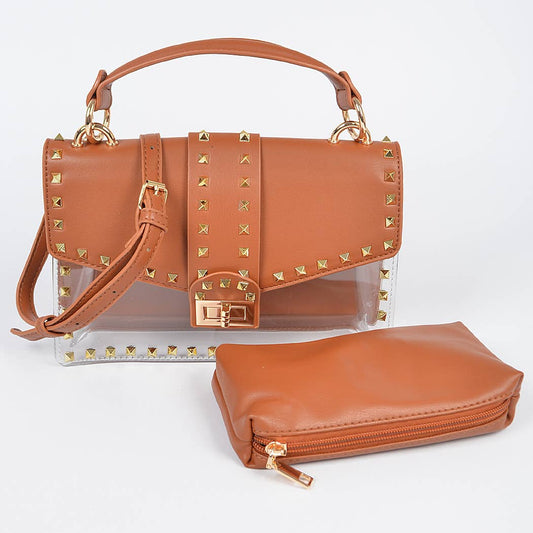 Faux Leather Studded Clear Bag W/Purse: Camel