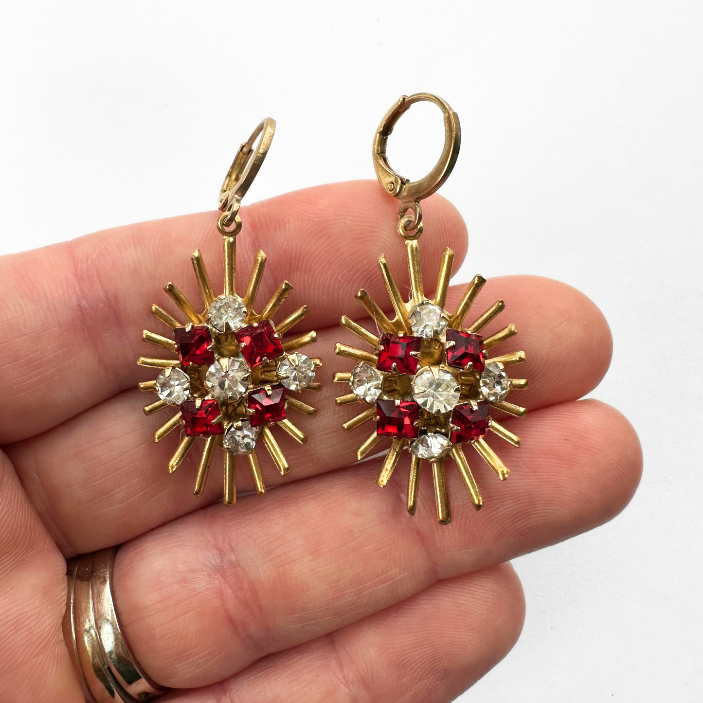 Brass Sunburst Earrings with Clear & Red Vintage Rhinestone Centers