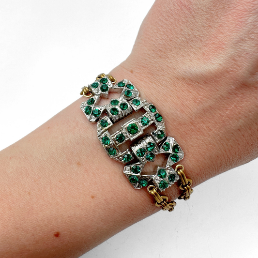 Vintage Emerald Rhinestone Link & Brass Chain Bracelet