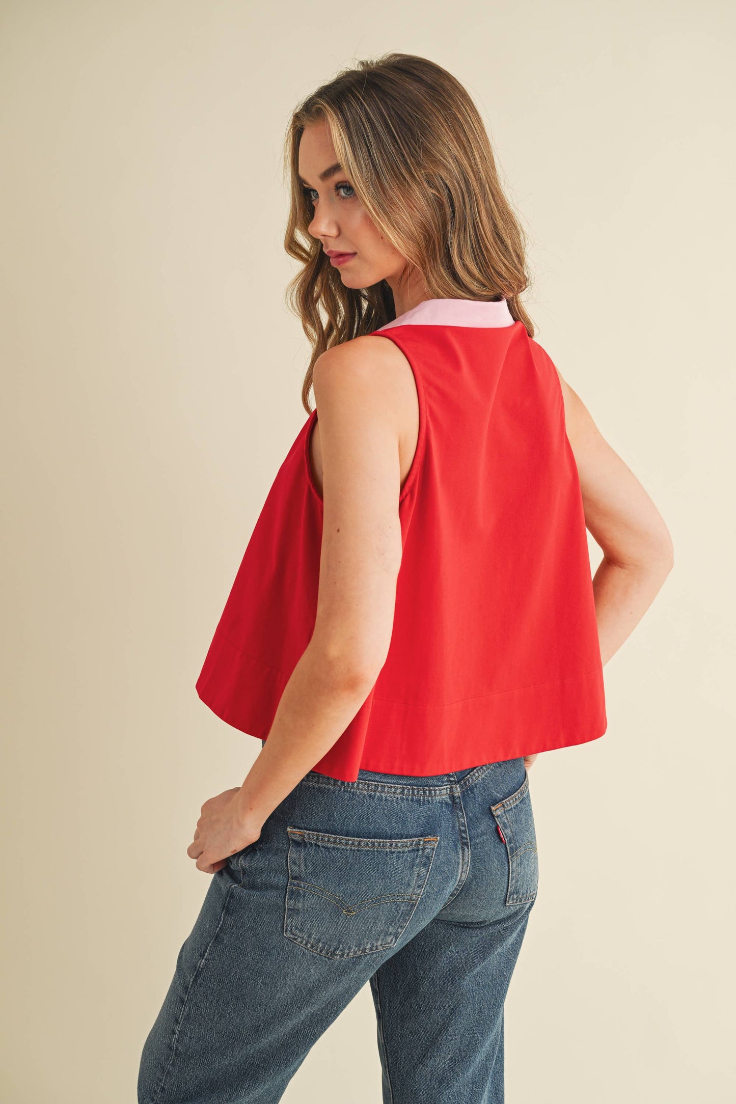 Relaxed Red Cotton Poplin top with Pink Contrast Collar