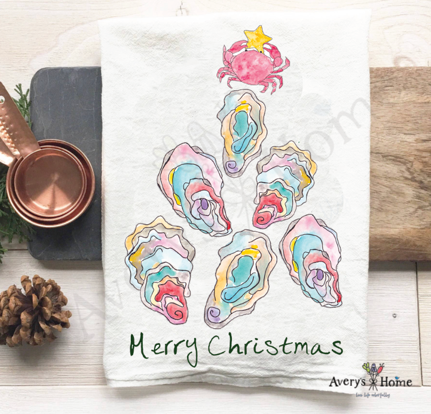 Oyster Christmas Tree Coastal Kitchen Towel