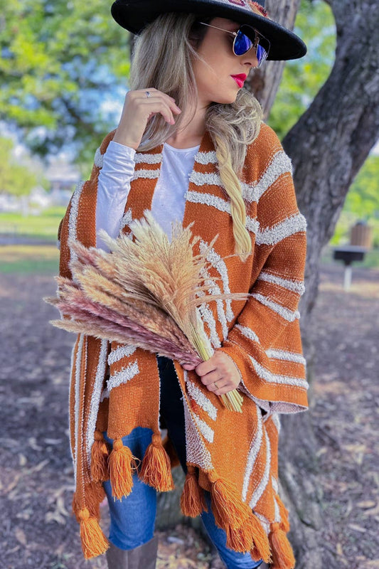 Western Textured Cardigan with Chunky Tassel: One Size