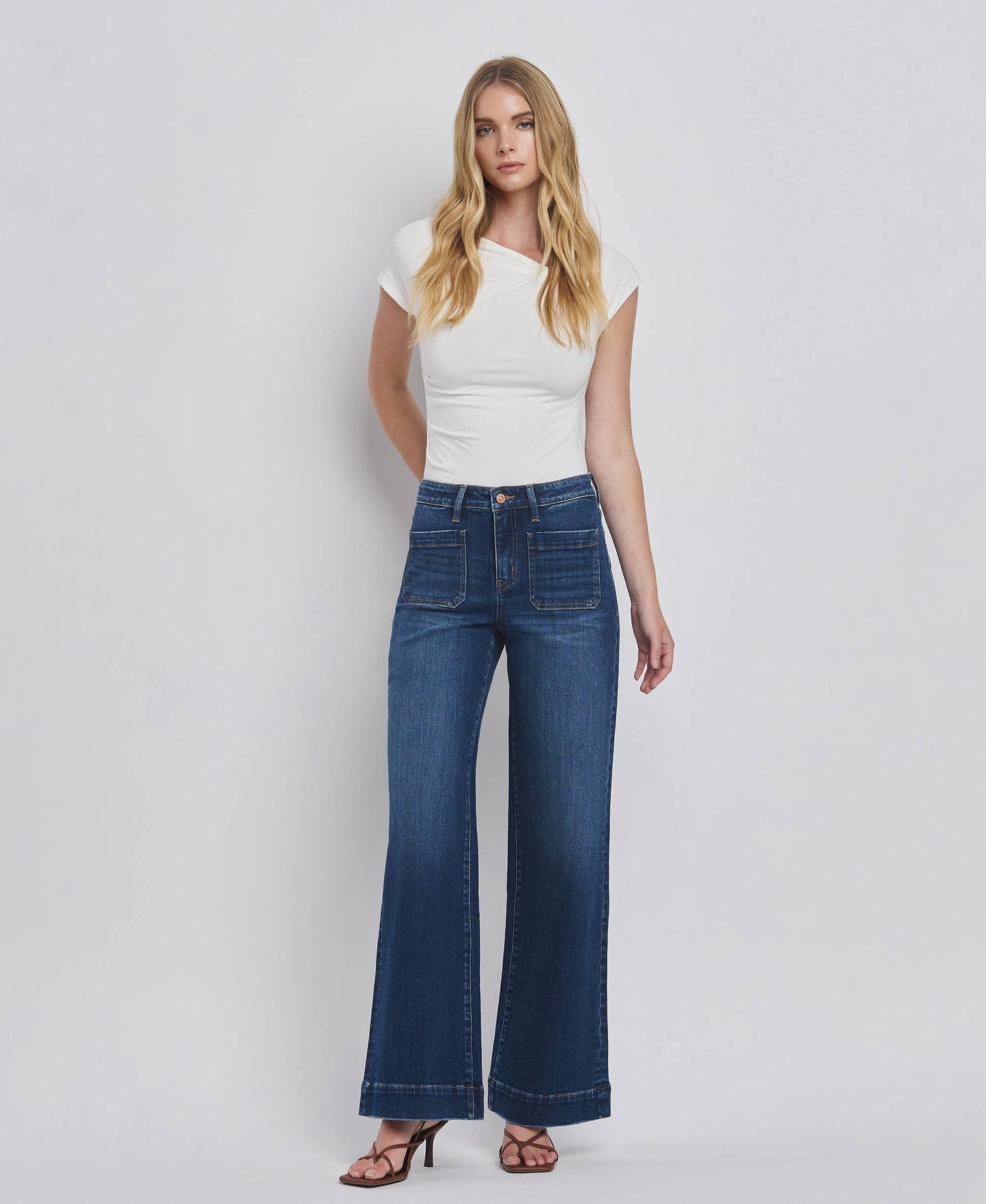 High Rise Patch Pocket Trouser Hem Jeans/Dark Denim-Flying Monkey