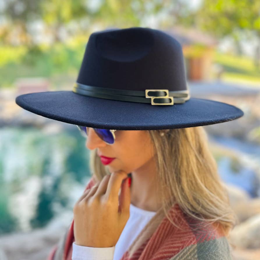 Sleek Black Fedora with Faux Leather Double Buckle Trim-One Size